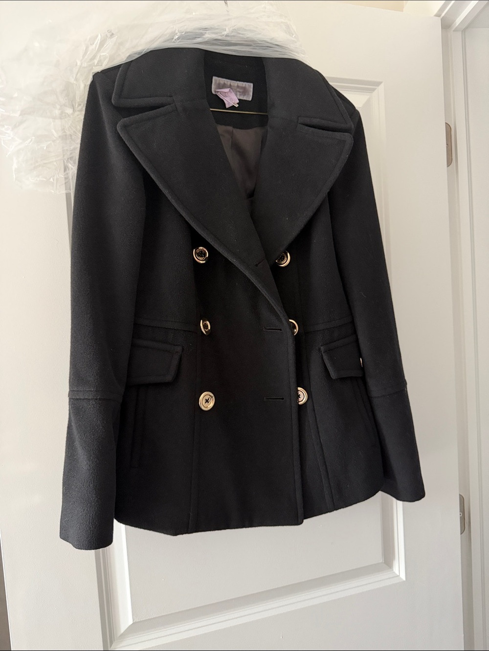 Michael Kors Black Double-Breasted Pea Coat with Gold Buttons